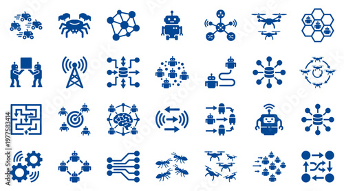 Collection of blue technology and artificial intelligence icons representing automation robotics drones and network systems