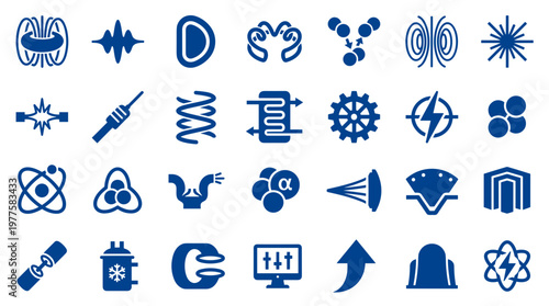 Collection of science and technology icons representing innovation research and development in various fields
