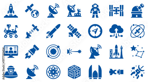 Collection of blue space and science icons representing rockets satellites astronauts space stations and celestial bodies on a white background