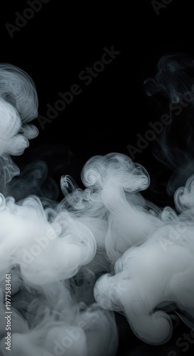 Ethereal white smoke or thick vapor swirling slowly against a dark, featureless background, creating a serene, abstract texture and moody atmosphere, fantasy, ephemeral, natural