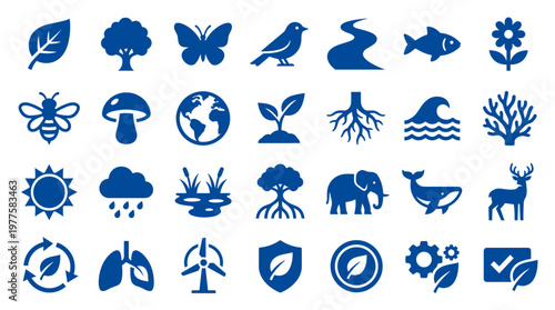 Collection of nature and environment icons representing ecosystems biodiversity sustainability and conservation concepts