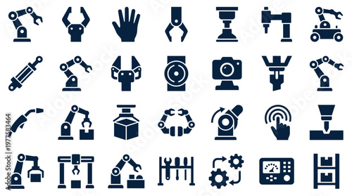 Collection of industrial robot arm icons and automation technology symbols for manufacturing and engineering design