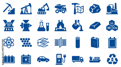Industrial resources and technology icons depicting mining extraction manufacturing energy production and sustainable transport for a green economy concept