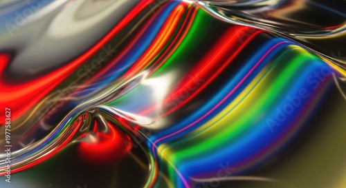 Intense colorful abstract pattern created by distorted light reflection on a shiny metal surface showing movement and blur, art, energy, graphic
