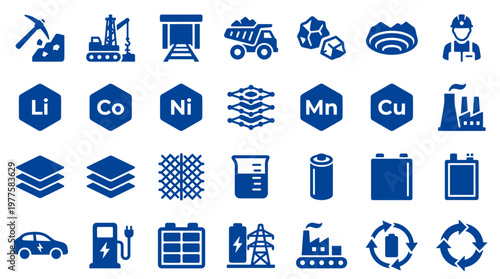 Electric vehicle battery materials mining production and recycling industry icons collection for sustainable energy and technology concepts
