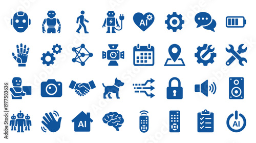 Collection of blue artificial intelligence and technology icons representing robotics AI development smart home and digital innovation