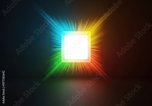 Intense volumetric illumination radiating from an empty geometric void. A vibrant luminous blank slate for modern technology design, cyberspace, energy, border