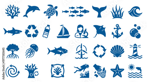 Ocean conservation icons and symbols representing marine life, pollution, research, and renewable energy for environmental awareness