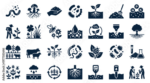 Agriculture and farming icons set showing soil health plant growth and biodiversity with farming practices and natural elements