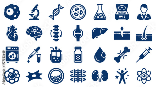 Medical science and healthcare icons set representing biology research, anatomy, medicine, and laboratory equipment