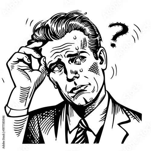 頭を押さえて困惑するスーツ姿の男性のレトロなモノクロイラスト素材