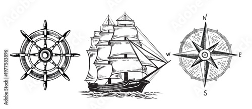 Old vintage sailboat, Wind rose, hand drawn	

