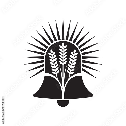 Bell shape filled with wheat ears and sunburst rays, symbolic image for harvest festival or religious celebration.