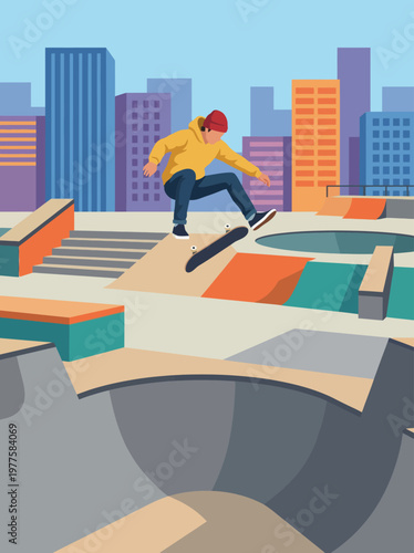 An energetic skateboarder performs a trick in a colorful urban skate park, highlighting the dynamic culture of skateboarding and modern city life.