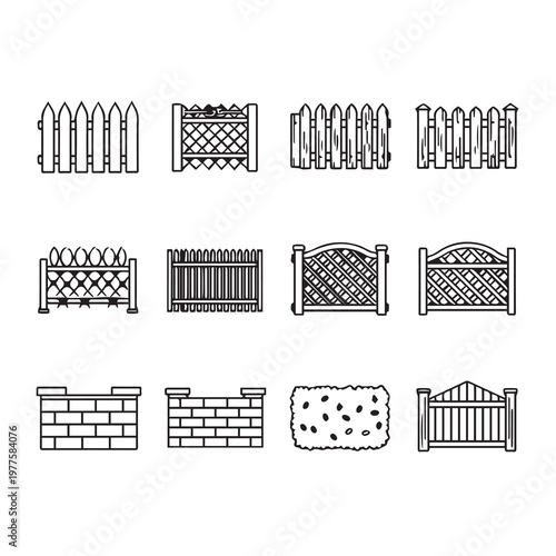 Various Fence and Gate Designs Outline Icons Garden Boundary Elements Vector Graphics