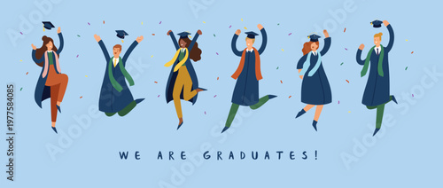 A group of enthusiastic graduates celebrating their achievements with joyous jumps, embodying the excitement and pride of reaching a significant educational milestone.