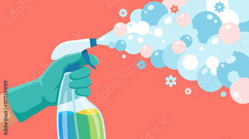 A hand holding a cleaning spray bottle releases bubbles, illustrating the importance of cleanliness and effective cleaning solutions for a healthy living environment.