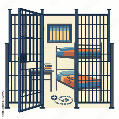 A detailed view of a prison cell outfitted with bunk beds, chains, books, and an open gate representing confinement, justice, and the consequences of crime in visual imagery.