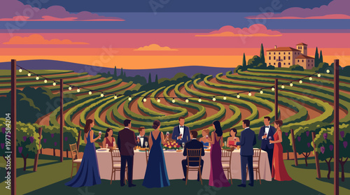 A beautifully set outdoor dinner party takes place among lush green vineyards at sunset, featuring elegantly dressed guests enjoying food and drink in a serene atmosphere.