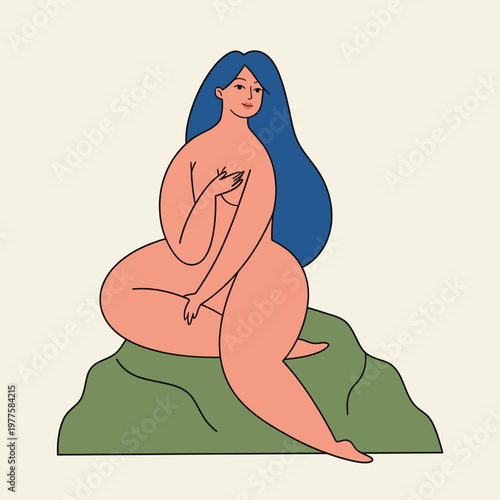 Artistic representation of a nude woman gracefully posing on a green mound, embracing body positivity and natural beauty, conveying themes of confidence and self-acceptance.