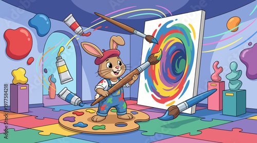 A cheerful rabbit dressed as an artist joyfully paints on a large canvas surrounded by vibrant paints, showcasing creativity and a love for art in a whimsical studio environment.