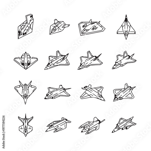 Various Futuristic Jet Fighter Aircraft Designs In A Simple Hand Drawn Style