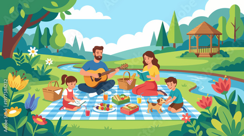 A joyful family picnic scene by a river, where family members enjoy food, music, and the company of a cheerful pet dog amidst beautiful nature and sunshine.