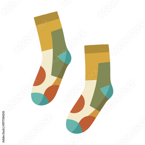 A vibrant pair of socks featuring abstract geometric patterns, showcasing an artistic blend of shapes and colors that emphasize style and comfort for footwear.
