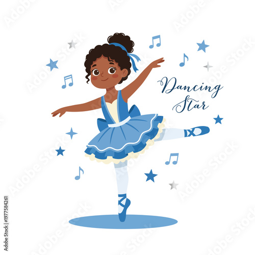 This image depicts a graceful ballet dancer wearing a flowing blue tutu and dancing amidst stars and musical notes, representing the beauty and joy of dance and creativity.