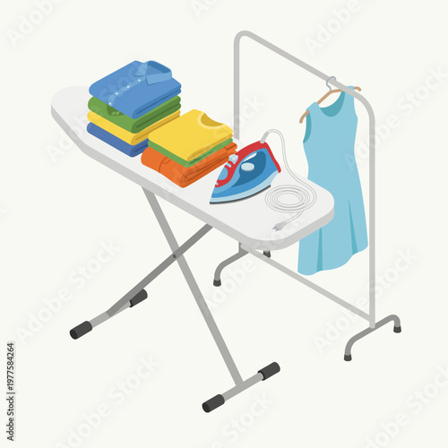 An organized image depicting an ironing board with neatly folded clothes and an iron, emphasizing the routine process of household chores and the importance of tidiness.