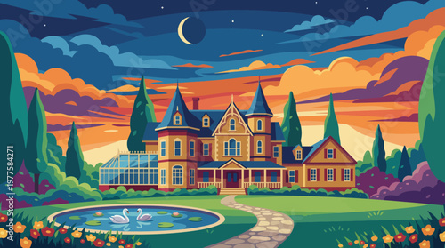 This image features an enchanting mansion under a moonlit sky, surrounded by tall trees and vibrant flowers, evoking feelings of magic and serenity in a picturesque setting.