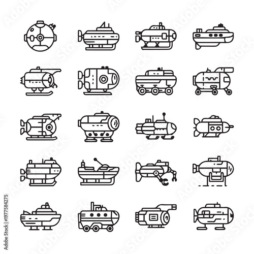 Various Futuristic Submarine Designs in Clean Line Art Style