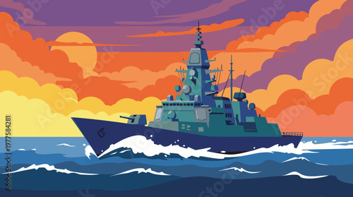 A dynamic illustration of a modern warship navigating through waves at sunset, symbolizing power and authority on the water while capturing the beauty of maritime adventures.