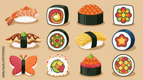 This vibrant sushi platter features a variety of sushi types, showcasing different colors, shapes, and ingredients, appealing to sushi lovers and food enthusiasts alike.