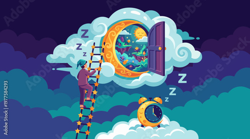 A dreamy scene featuring a ladder leading to a magical door, inviting viewers to explore their dreams, imagination, and the enchanting world that lies beyond.