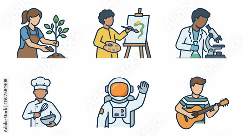 This illustration showcases six diverse professions: gardening, painting, science, cooking, space exploration, and music, celebrating human creativity and ambition.