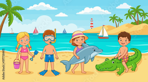 This image captures children enjoying a sunny day at the beach, playing with toys and a dolphin float, embodying carefree summer joy and the spirit of childhood adventure.