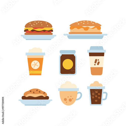 Delicious assortment of coffee shop breakfast items and drinks