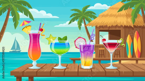 This lively image features a variety of colorful tropical cocktails served on a wooden deck by the beach, evoking a carefree summer vibe and inviting relaxation and enjoyment.