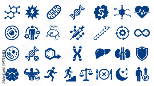 Collection of science and health icons representing biology genetics medicine and fitness concepts
