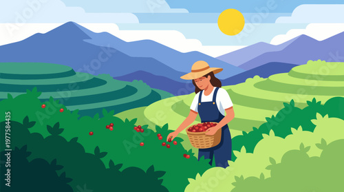 A woman collects ripe berries from lush plants under sunlight, surrounded by beautiful mountains and rolling hills, highlighting the harmony between nature and agriculture.
