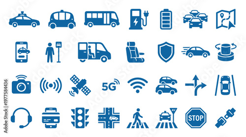 Collection of autonomous vehicle and smart city technology icons representing future transportation and urban mobility concepts