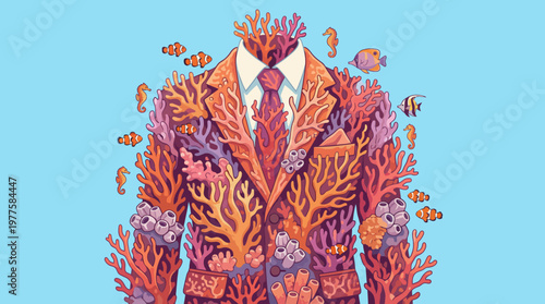 A surreal artistic representation of a business suit intertwined with coral and underwater life, symbolizing the connection between professionalism and nature.
