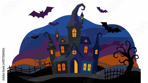 A whimsical and eerie illustration of a haunted house set against a vibrant twilight landscape, complete with bats flying in the darkening sky.