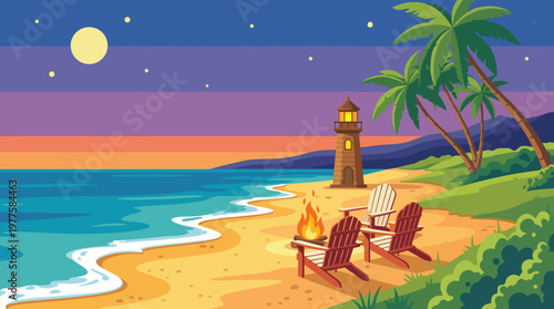 A picturesque beach scene featuring a lighthouse, palm trees, and cozy chairs by a warm campfire, inviting relaxation under a full moon and serene landscapes.