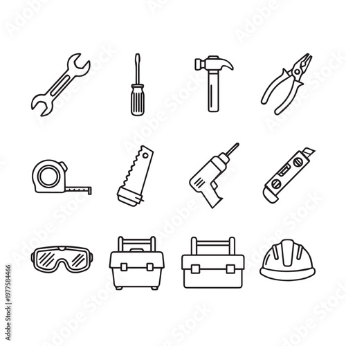 Various hand tools and safety equipment arranged in a grid with clean lines