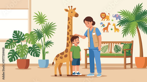 A cheerful child interacts lovingly with a giraffe in a playful indoor setting, capturing the joy of companionship and the wonders of animal connection.