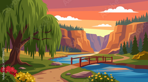 An idyllic illustration of a picturesque landscape with a bridge crossing a river surrounded by trees and flowers, evoking feelings of tranquility and beauty in nature.