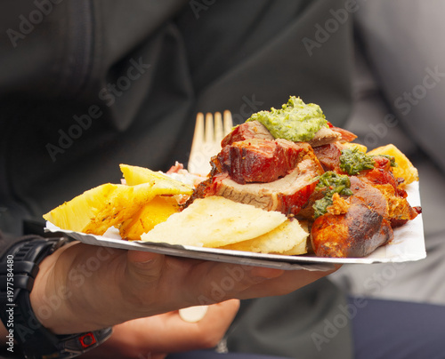 Mouth-watering roasted meat with potatoes and herb sauce on a paper plate at Naplavka farmers market in Prague. Perfect close-up for street food, local gastronomy and outdoor lifestyle concepts.