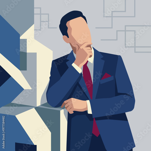 A refined abstract illustration of a businessman in a suit, reflecting thoughtfulness and contemplation, ideal for representations of corporate environments and personal growth.
